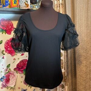 NWT Marc New York Andrew Marc, solid black short puff sleeve chic top. Size S.